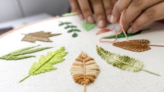 HAND EMBROIDERY FOR BEGINNERS 10 Types of Leaves [upl. by Sheng711]