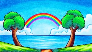 How to Draw Easy Scenery  Drawing Rainbow Over the Sea Scenery Step by Step with Oil Pastels [upl. by Kcerred]