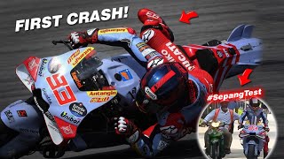 Marc Marquez Endures First Ducati Crash  MotoGP 2024 sepangtest [upl. by Ylrehc394]