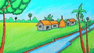 Indian village scenery drawing  Prakritik drishya drawing easy Village landscape  Nature drawing [upl. by Johnathan]