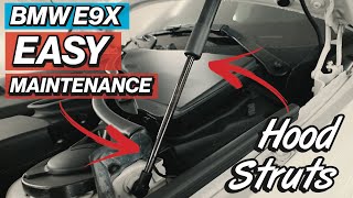 BMW E90 E92 E93 M3 HOOD STRUTS REPLACEMENT  Easy amp Cheap Bmw Maintenance [upl. by Bekelja]