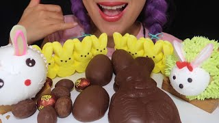 Curie ASMR Easter chocolate bunny cake marshmallow candy Mukbang bites only [upl. by Refennej]