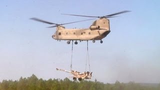 M777A2 Howitzer Airlift by CH47 Chinook  Live Fire Demo [upl. by Aistek]