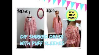 DIY SHIRRED DRESS WITH PUFF SLEEVES FOR KIDS NO PATTERN NEEDED [upl. by Muhcon]