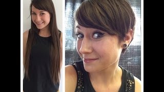 haircut on long hair brunette to a pixie hair cut anne hathaway style [upl. by Leahcimal]