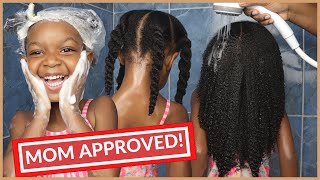 🚿Wash day routine for kids🥰 Shampoo deep condition and moisturize [upl. by Anaib610]