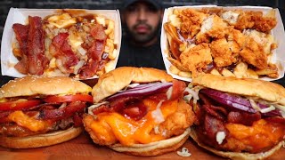 ASMR NO TALKING BBQ BACON CHICKEN BURGERS BACON CHEDDAR BURGER CHICKEN POUTINE BACON POUTINE [upl. by Hsiekal644]