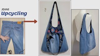 DIY 청바지로 가방 만들기Jeans Refashion청바지 리폼Making Denim Bag호보백Hobo Bag숄더백shoulder Bag [upl. by Fachanan]