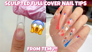 TRYING FULL COVER SCULPTED GEL EXTENSIONS amp NON STICK SOLID GLUE GEL FROM TEMU 4TH OF JULY NAIL ART [upl. by Amsirp]