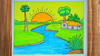 How to Draw Scenery With Oil Pastel Easy  Prakritik Drishya Drawing Colour Easy [upl. by Cerelia832]