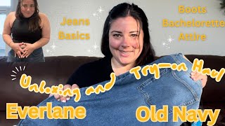 Unboxing and Tryon Haul  Old Navy Basics Everlane Jeans Boots and Bachelorette Prep [upl. by Larimore]