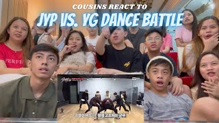 COUSINS REACT TO JYP vs YG Battle DANCE STRAY KIDS VS YG TRAINEES [upl. by Anastasia]