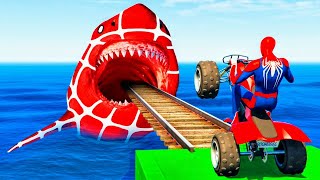 GTA V Crazy Ragdolls  Spiderman by Quad Bike On Rainbow Spiders Bridge Spider Shark Jumps [upl. by Liddle119]