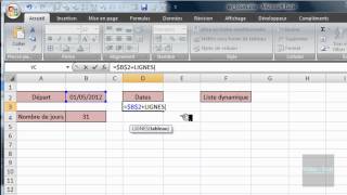 Excel 2007  Liste déroulante pour dates  Fonctions LIGNES FINMOIS JOUR [upl. by Dnartreb]