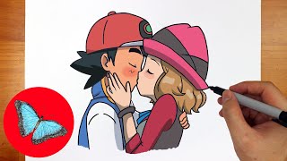 How To Draw Ash Ketchum and Serena Kissing step by step [upl. by Drarreg943]