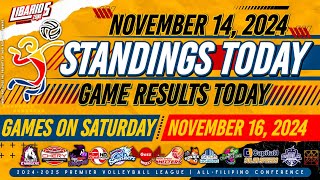 PVL STANDINGS TODAY as of NOVEMBER 14 2024  GAME RESULTS TODAY  GAMES ON SATURDAY  NOV 16 [upl. by Carhart198]