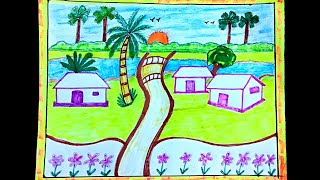 Village scenery drawing tutorial with pencil✏️গ্রামের দৃশ্য আঁকা Beautiful scenery easy drawing [upl. by Murielle276]