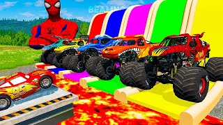 5 MONSTER TRUCK VS GIANT COLOR WATER SLIDE 043 [upl. by Caputo479]