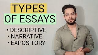 TYPES OF ESSAYS DESCRIPTIVE NARRATIVE EXPOSITORY PERSUASIVE english [upl. by Ytsirhc]