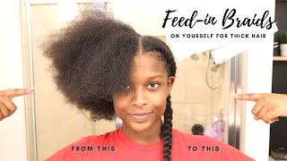 How To Do 2 FeedIn Braids On Yourself For Beginners  Thick Hair Hairstyles Easy [upl. by Kohler]