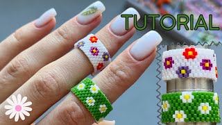 Beaded peyote ring with flowers pattern Tutorial 🌼 [upl. by Nirtiac638]