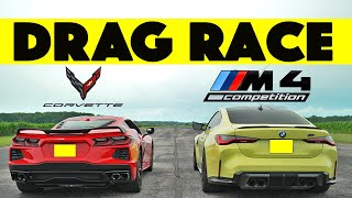 BMW M4 Comp G82 vs Chevy Corvette C8 drag and roll race Shocking Result [upl. by Sirovat]