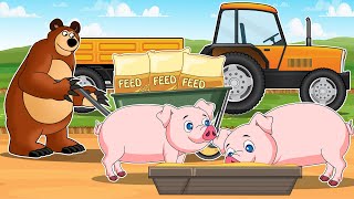 Bear Farmer Transports and Feeds Pigs  Trucks Trailers Cranes  Vehicles Farm Animated [upl. by Leahcimnhoj]