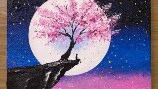 Cherry Blossom under Moonlight  Acrylic Painting Technique 459 [upl. by Shanta]