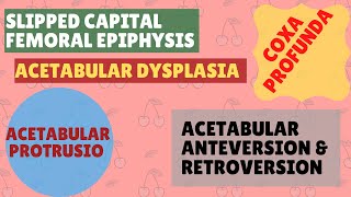 SLIPPED CAPITAL FEMORAL EPIPHYSIS COXA PROFUNDA ACETABULAR PROTURSIO ANTEVERSION amp RETROVERSION [upl. by Meeker416]