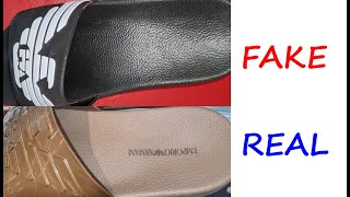 Emporio Armani slides real vs fake How to spot fake Giorgio Armani slippers and flip flops [upl. by Elvyn233]