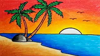 How To Draw Scenery Beach And Sunset Easy With Crayons Drawing Nature Scenery Beautiful [upl. by Larentia]