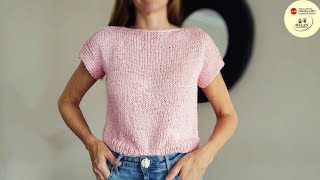 Remera top☀️Tutorial paso a paso blusa en dos agujas súper fácil principiantes tricot palillos [upl. by Einnep]