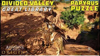 Divided Valley  Library  Papyri Puzzle Solution  Treasure Location  Assassins Creed Origins [upl. by Awjan]