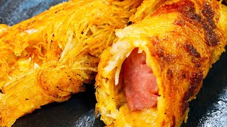 ただ焼きながら巻くだけで驚くほど超旨い！サックサク♪『クリスピーポテトチーズドッグ』Crispy♪ Cheese Potato hot dog [upl. by Fern]