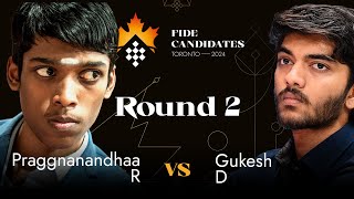 Round 2  Praggnanandhaa R  Gukesh D  FIDE Candidates 2024 [upl. by Aihseyk]