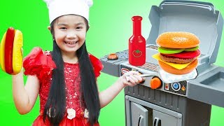 Hana Pretend Play with TOY BBQ Grill Cooking Food Set [upl. by Yrral]