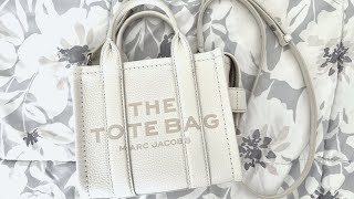 UNBOXINGWHAT FITS  Marc Jacobs Leather Micro Tote Bag  Spring Collection [upl. by Attaynek699]