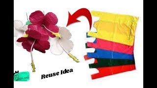 Hybiscus flowers with plastic carry bags  Best out of waste  Reuse ideas with jute bag [upl. by Viehmann]