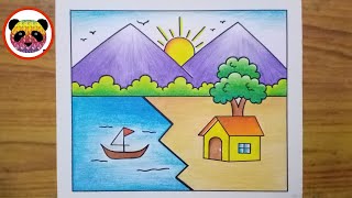 Scenery Drawing  Simple Landscape Scenery Drawing  How to Draw Beautiful Landscape Scenery [upl. by Thera]