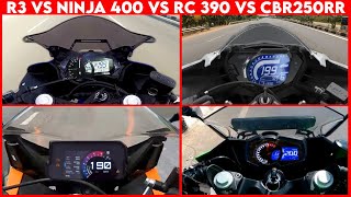 Ninja 400 VS Yamaha R3 VS RC 390 VS CBR250 RR  0 TO 100  TOPSPEED BATTLE [upl. by Seaddon]