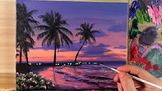 Acrylic Painting Palm Tree Sunset Seascape  Correa Art [upl. by Letitia]