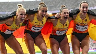 Olympische Spiele 2024 Leichtathletik Die 4×100m deutsche Frauenstaffel gewinnt die Bronzemedaille [upl. by Atinrehs263]