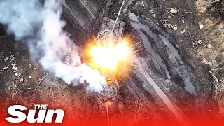 Ukrainian drones blow up Russian tanks in huge explosion [upl. by Ethelyn400]