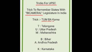 Tricks For UPSC  States having BICAMERAL Legislature in India  shorts ias [upl. by Nomrah]