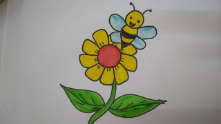 Very Easy flower and honey bee drawingcolouring Easy draw for kids [upl. by Godwin]