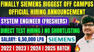 Siemens Official Hiring Announced  OFF Campus Drive 2025 2024 2023 Batch  Latest Fresher Hiring [upl. by Georgie]