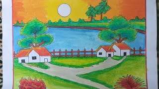 How to draw a landscape village scenery drawing by oil pestle ✅✅ [upl. by Varini657]