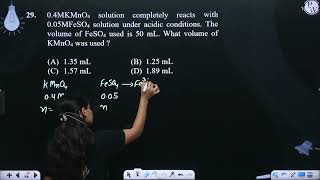 04M KMnO4 solution completely reacts with 005MFeSO4 solution under acidic conditions The volu [upl. by Helgeson]