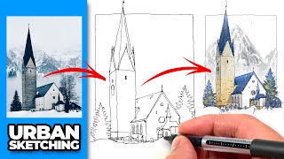 URBAN SKETCHING loose ink amp watercolor tutorial  Easy Step by Step Process [upl. by Killarney]