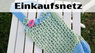 DIY modernes Einkaufsnetz mit süßem Blümchen Ein Einkaufsnetz häkeln [upl. by Cherrita625]